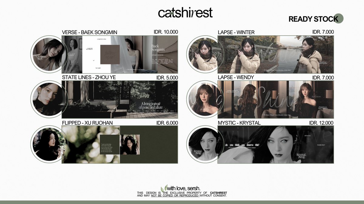 clairshire's tweet image. ⠀⠀
READY STOCK LAYOUT. 🍀

hi catshies! ready stock layout ini aku jual dari display jadi special price, ya!

⭐free retext all
🪴 baek songmin, zhou ye, xu ruohan, winter, wendy, krystal

#zonauang 
⠀⠀