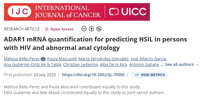 En julio 2025 miembros del equipo docente del máster publicaban en International Journal of Cancer un estudio en el que se evaluaba la cuantificación de ADAR1 mRNA como biomarcador para predecir con gran precisión lesiones precancerosas en personas con VIH doi.org/10.1002/ijc.70…