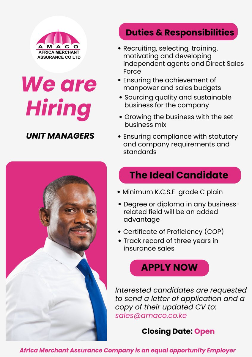 Amaco_Ltd's tweet photo. Strong teams need strong leaders. We’re still hiring Unit Managers to champion performance, mentorship, and business growth. Take the next step in your leadership journey with us.
Send your application to sales@amaco.co.ke
#ikokaziKE #unitmanager #vacancy https://t.co/enmKMQrbNv