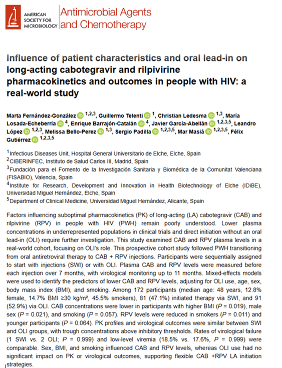 En el mismo periodo sobresale la publicación en Antimicrobial Agents and Chemotherapy del estudio que muestra que factores como IMC, sexo y tabaquismo influyen en los niveles de cabotegravir y rilpivirina, y que el oral lead-in no cambia los resultados doi.org/10.1128/aac.00…
