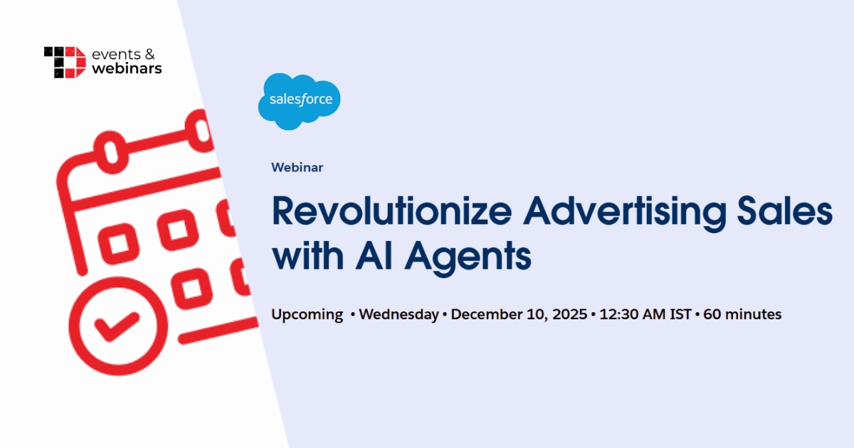 TechDogs_Inc's tweet image. Revolutionize Advertising Sales with AI Agents on 10 Dec 2025. Learn how agentic AI boosts ad sales with smarter workflows &amp;amp; precise inventory. Hear expert insights and real-world success stories to start scaling autonomous ad-sales capabilities. tinyurl.com/mr2zwwaj…