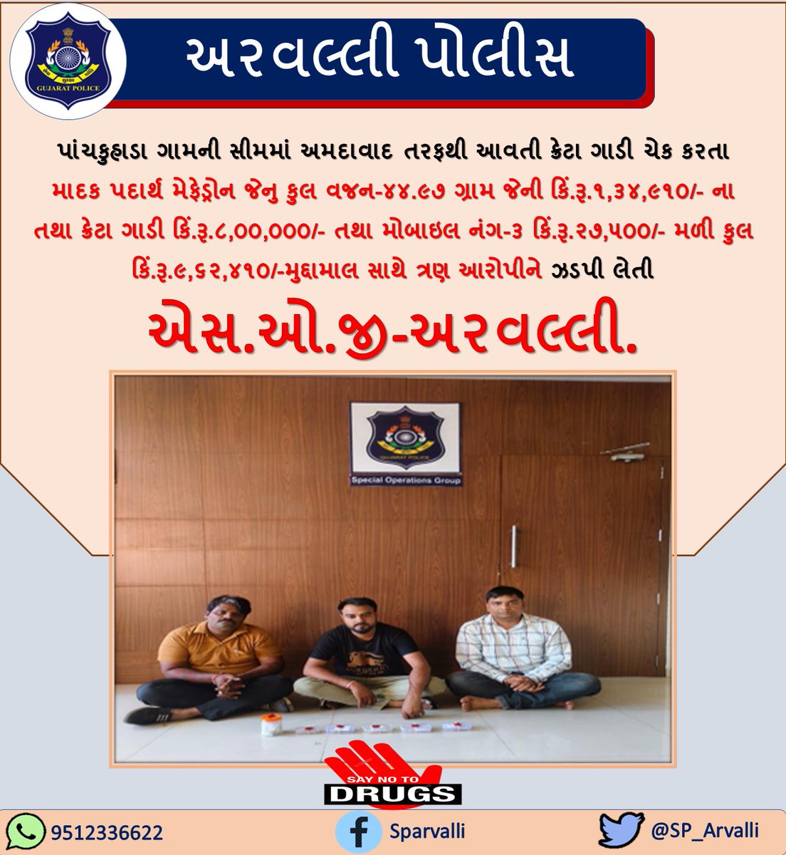 પાંચકુહાડા ગામની સીમમાં અમદાવાદ તરફથી આવતી ગાડી ચેક કરતા માદક પદાર્થ મેફેડ્રોન જેનુ કુલ વજન-૪૪.૯૭ ગ્રામ જેની કિં.રૂ.૧,૩૪,૯૧૦/- ના તથા અન્ય મુદ્દામાલ મળી કુલ કિં.રૂ.૯,૬૨,૪૧૦/-મુદ્દામાલ સાથે ત્રણ આરોપીને ઝડપી લેતી એસ.ઓ.જી-અરવલ્લી.<a href="/GujaratPolice/">Gujarat Police</a> <a href="/sanghaviharsh/">Harsh Sanghavi</a> <a href="/SP_Arvalli/">SP Arvalli</a>