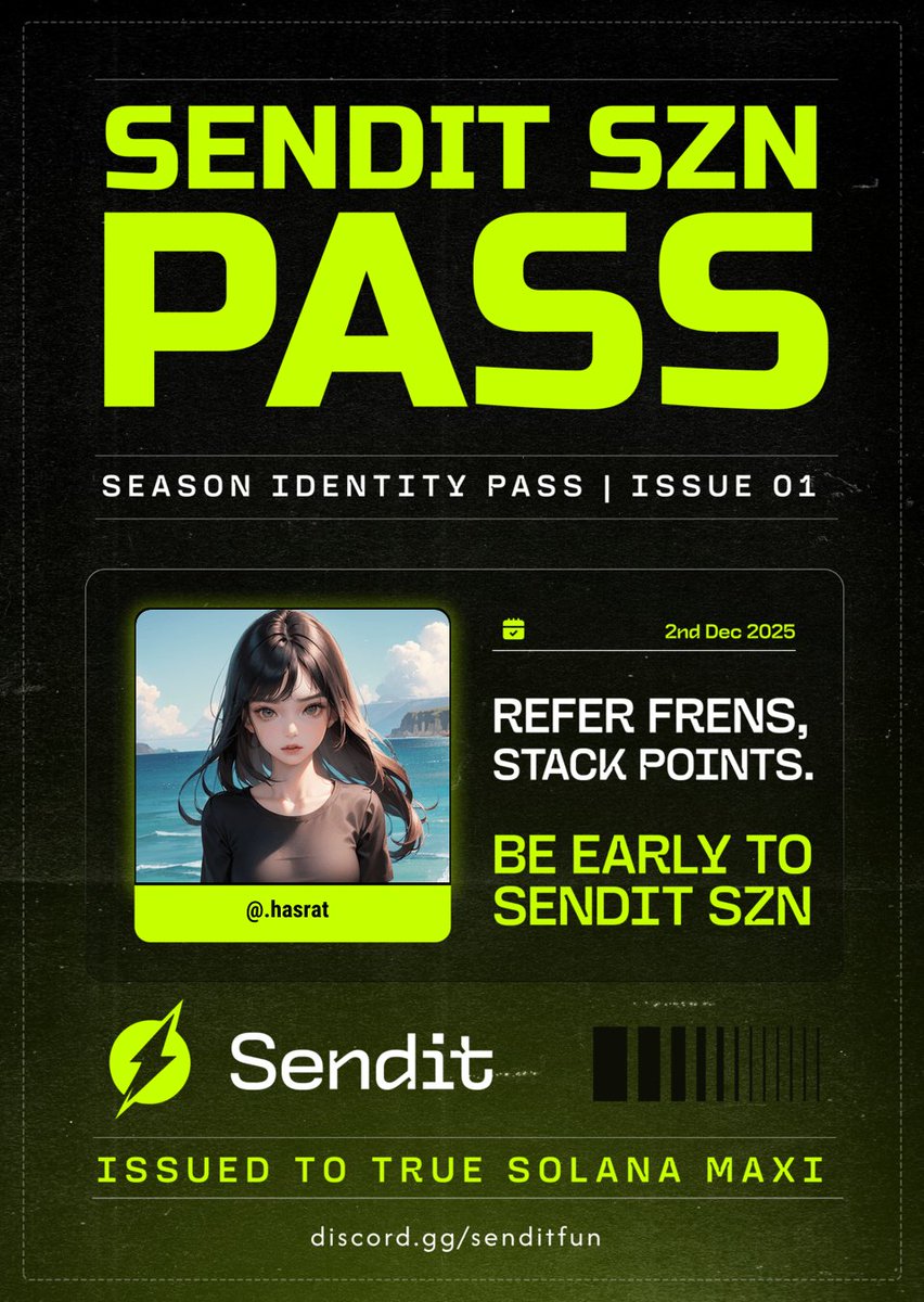 ndemole's tweet photo. Officially an EARLY SENDOOOR!

Claimed my SendIt SZN Pass and positioned myself for the upcoming SendIt SZN.

Send more, earn more, be early. → https://t.co/2Eo08VcOj7
@senditfun https://t.co/u7D38nXrmT