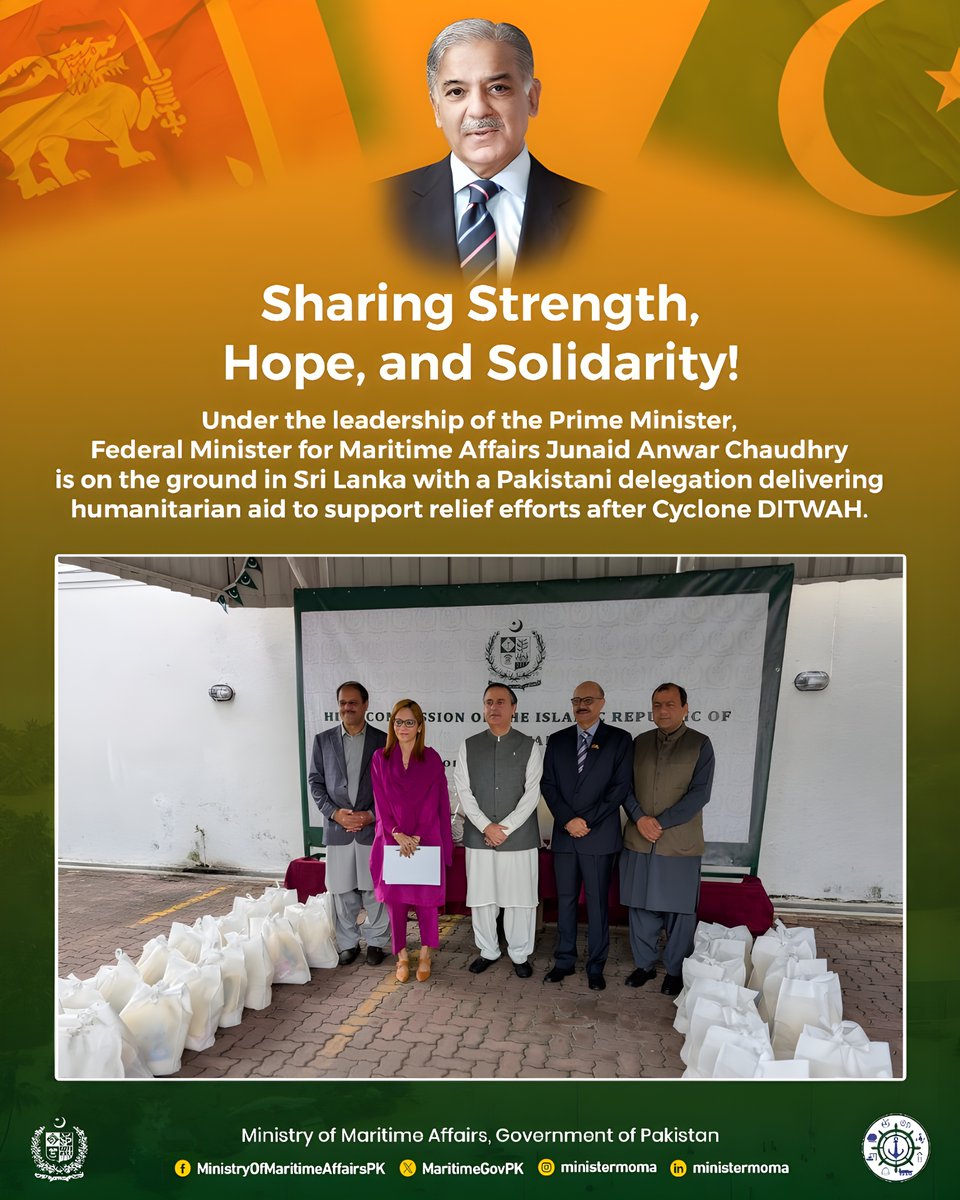 Pakistan delivers vital humanitarian aid to Sri Lanka after Cyclone DITWAH!
Under the Prime Minister’s leadership, Federal Minister for Maritime Affairs Junaid Anwar Chaudhry is on the ground with a Pakistani delegation, ensuring swift and effective relief support.