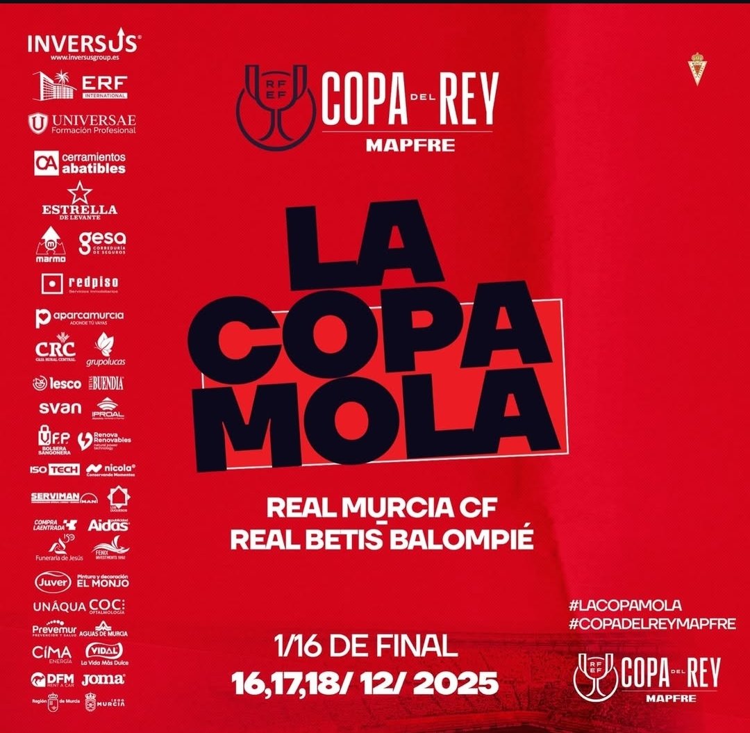 📌 Resumen rápido

Competición: Copa del Rey👑

Fecha: 16/17/18 de Diciembre 📅

Lugar: Estadio Enrique Roca de Murcia🏟️

Rivales: <a href="/realmurciacfsad/">Real Murcia CF</a> VS <a href="/RealBetis/">Real Betis Balompié 🌴💚</a> ❤️🤍🤝🏻💚🤍