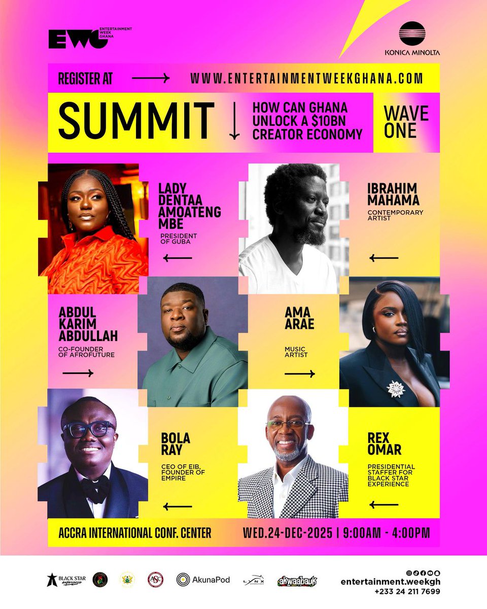 How Can Ghana Unlock a $10BN Creator Economy” is an insightful conversation that every creative and creator in the industry should not miss.

Join industry leaders Rex Omar, Lady Dentaa Amoateng MBE, Ibrahim Mahama, Abdul Karim Abdullah, Ama Arae, and Bola Ray at the Accra