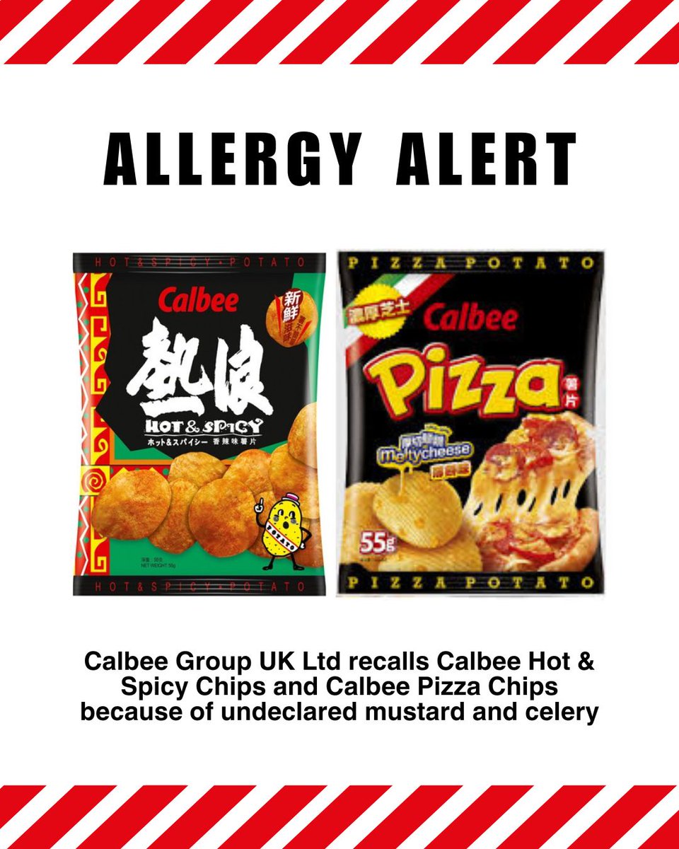 Calbee Group UK Ltd is recalling Calbee Hot &amp; Spicy Chips because they contain mustard and Calbee Pizza Chips because they contain celery which are not mentioned on the label. food.gov.uk/news-alerts/al…