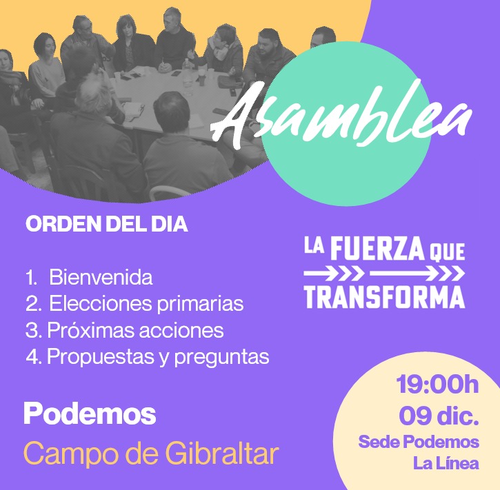 💜 Asamblea ciudadana

Si quieres ser parte del cambio no dudes en participar. Ya está bien de mirar los toros desde la barrera.

⏰ Martes 9 diciembre, 19:00h
📌 Sede Podemos, Plaza Los Lirios, La Línea. 

#Podemos #Algeciras #LaLinea 
#SanRoque #LosBarrios