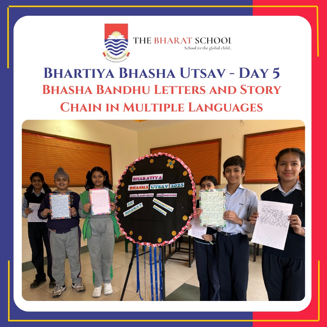 TheBharatSchool's tweet photo. 🎙️ Bhartiya Bhasha Utsav – Day 5

Creative Bhasha Bandhu letters + a fun multilingual 
story chain celebrating India’s language diversity! 🌍💌📖

📞 098761 55746 | 🌐 https://t.co/AxtIE6XsSr

#TBSSchool #LanguageWeek #StoryChain #Multilingual #SchoolActivities #CreativeLearning https://t.co/W3pJ5yRwE5