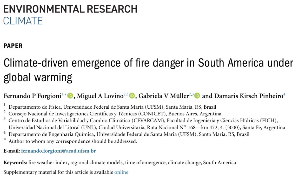 Hoy salió nuestro nuevo paper. 
Mostramos cómo el cambio climático antropogênico está intensificando el peligro de incendios que enfrenta toda Sudamérica de un modo alarmante.

iopscience.iop.org/article/10.108…