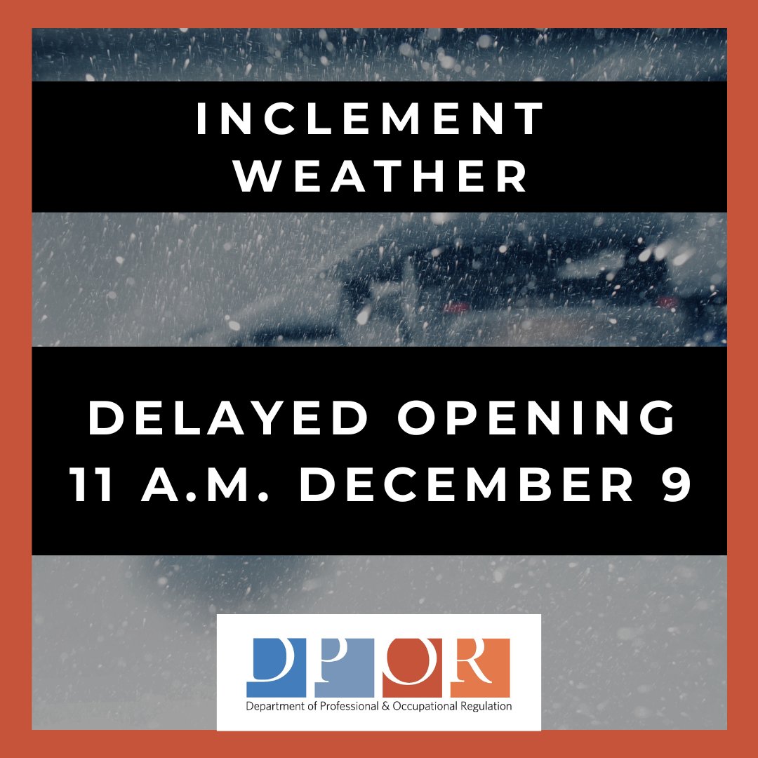 VirginiaDPOR's tweet photo. Update: Due to inclement weather, DPOR offices will open at 11 a.m. on Tuesday, December 9. Online services remain available 24/7 at https://t.co/2SAWJwn11a https://t.co/ya6BSnUDDA