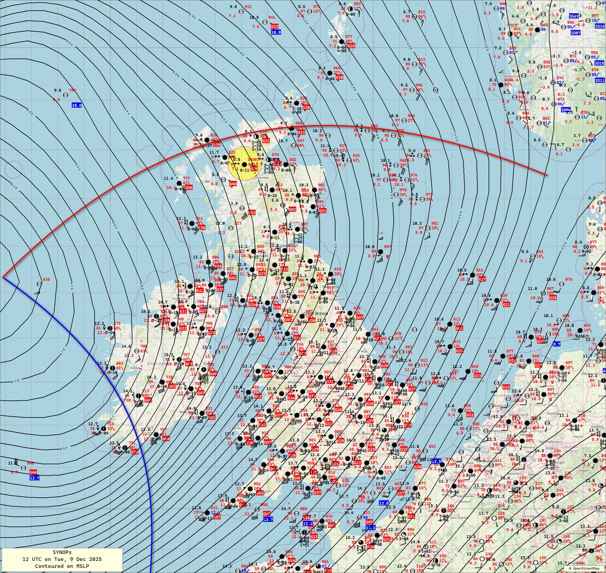 williemossop's tweet photo. 9 Dec 2025
12 UTC
Surface analysis
Cold front into the SW of Ireland
Don't take the contouring too literally to the W of Ireland the low is more elongated N-S.
#ukweather #stormbram https://t.co/s07cHdt5Dt