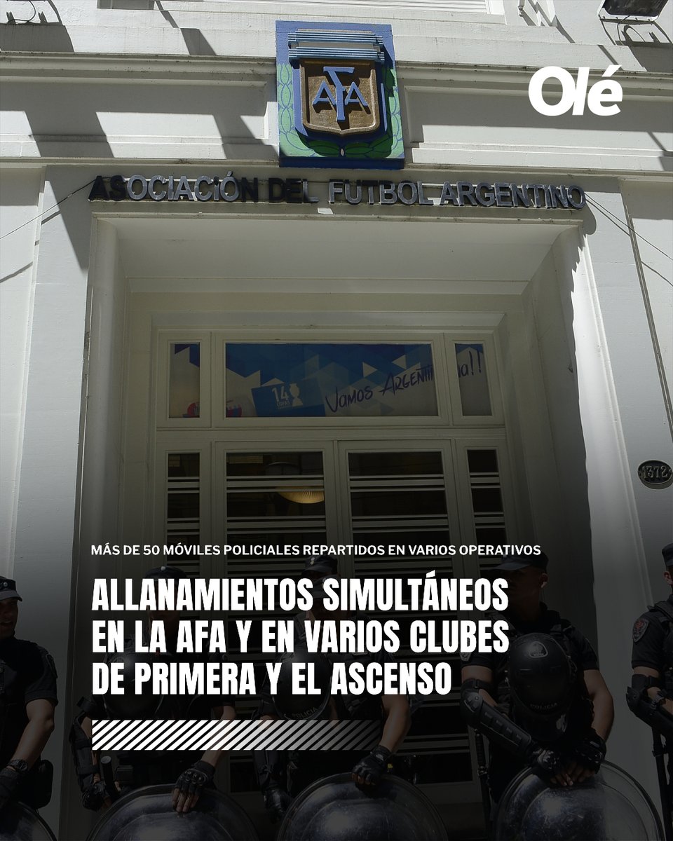 ALLANAN LA AFA Y VARIOS CLUBES DE PRIMERA Y EL ASCENSO 🚨

👨‍⚖️ Luis Armella, juez federal de Lomas de Zamora, habilitó más de 35 operativos y movilizó cerca de 50 móviles en el marco de la causa Sur Finanzas

🚔👮 Allanaron la AFA, el predio de Ezeiza y cerca de 17 clubes, entre