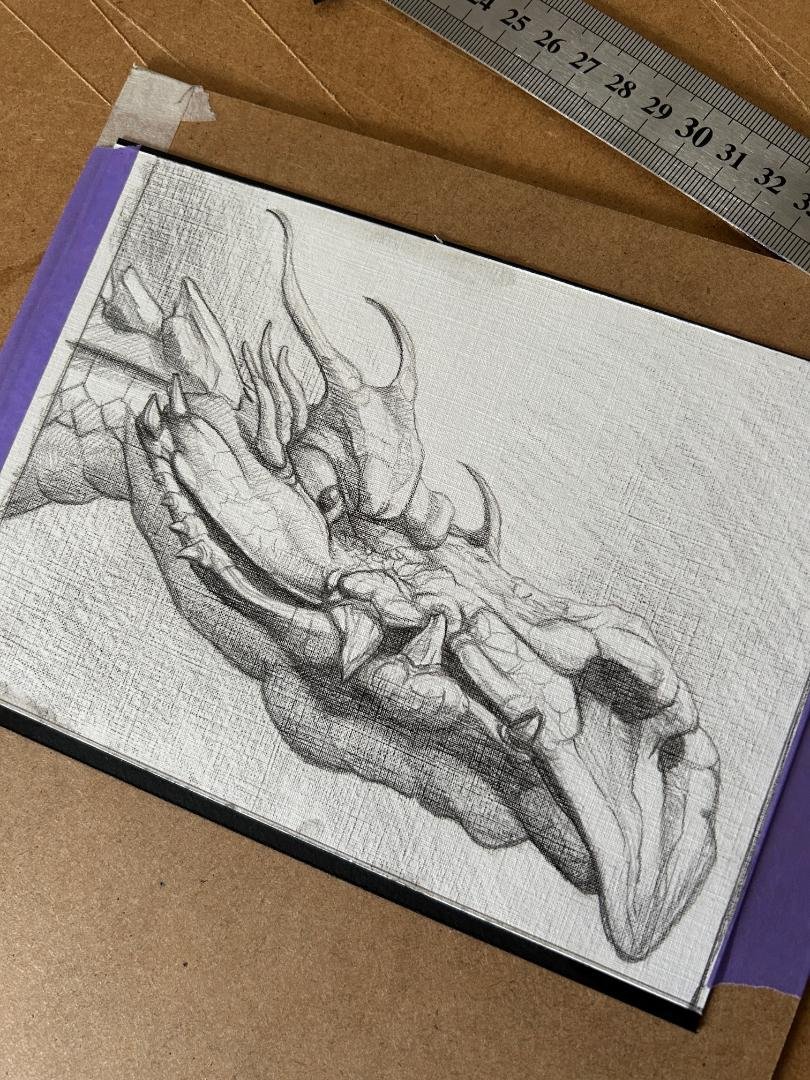 I've sketched up this year's donation to <a href="/PAEartforacause/">POSTCARD ART EXHIBIT - Art for a Cause 🌏 🎨</a> ready to paint. It's a postcard art exhibition, this year raising money for alzeimers. Open for #artists now

#postcardartexhibition #dragon #fantasyart