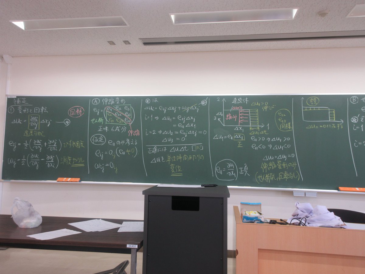 kngw_lecture's tweet image. 最終回1コマ目
#応用流体力学 #esys
＊局所的な変形：ひずみ速度テンソルと渦度テンソルの意味
＊渦度ベクトルとテンソル
＊応力ベクトルとテンソル
