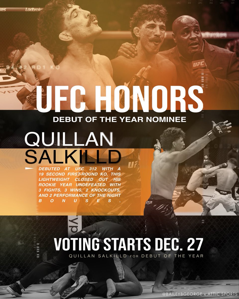 Quillan Salkilld has been nominated for a UFC Honors award for Debut of the Year.

Anyone who’s been around Quill knows how hard he works, so it’s great to see his first step into the UFC get recognised.

𝚆𝙴𝙻𝙲𝙾𝙼𝙴 𝚃𝙾 𝚃𝙷𝙴 $𝙰𝙻𝙺𝙸𝙻𝙻𝙳 𝙴𝚁𝙰!

🎨 : @baileybgeorge