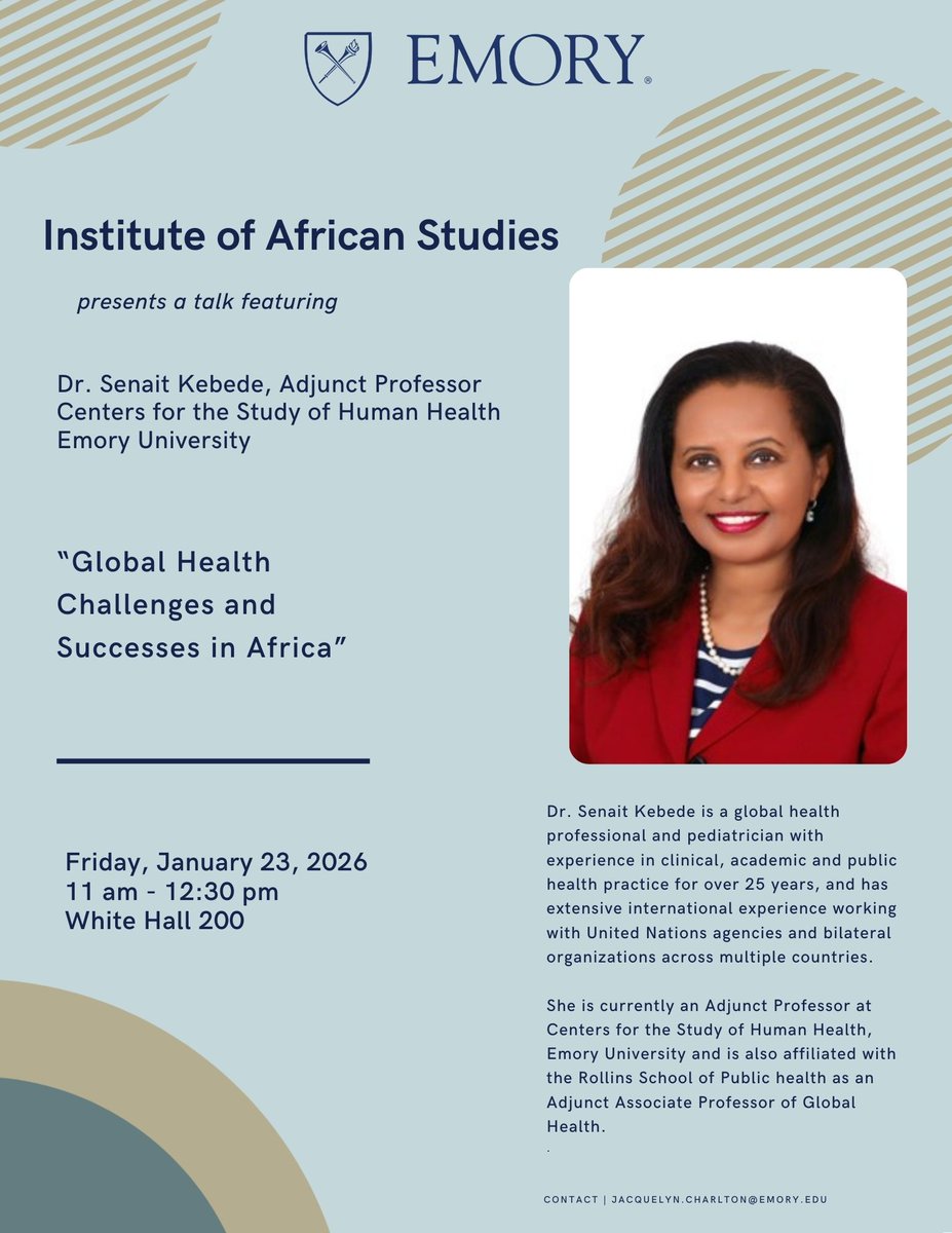 EmoryIAS's tweet image. SAVE THE DATE!

The IAS invites you to join us for a talk featuring Dr. Senait Kebede, on the topic of “Global Health Challenges and Successes in Africa”.
Be a part of the conversation on the difficulties and advances shaping health outcomes across the African continent.