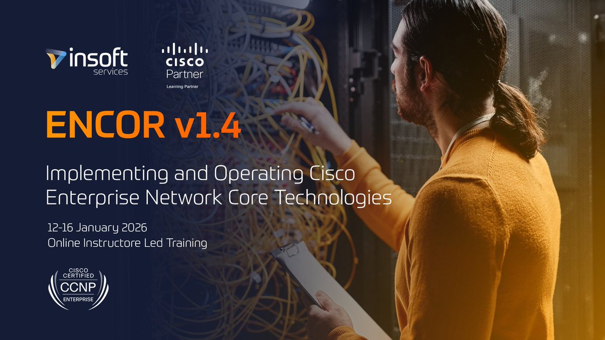 InsoftServices's tweet photo. Get ready for ENCOR v1.4 — training runs Jan 12‑16, 2026.

Learn to build &amp; manage enterprise wired/wireless networks, secure them, deploy SD‑Access &amp; SD‑WAN. Ideal for network engineers, admins, and support techs aiming for Cisco Enterprise Core/CCNP.
Enroll now! #Cisco https://t.co/xpksyZmXZe