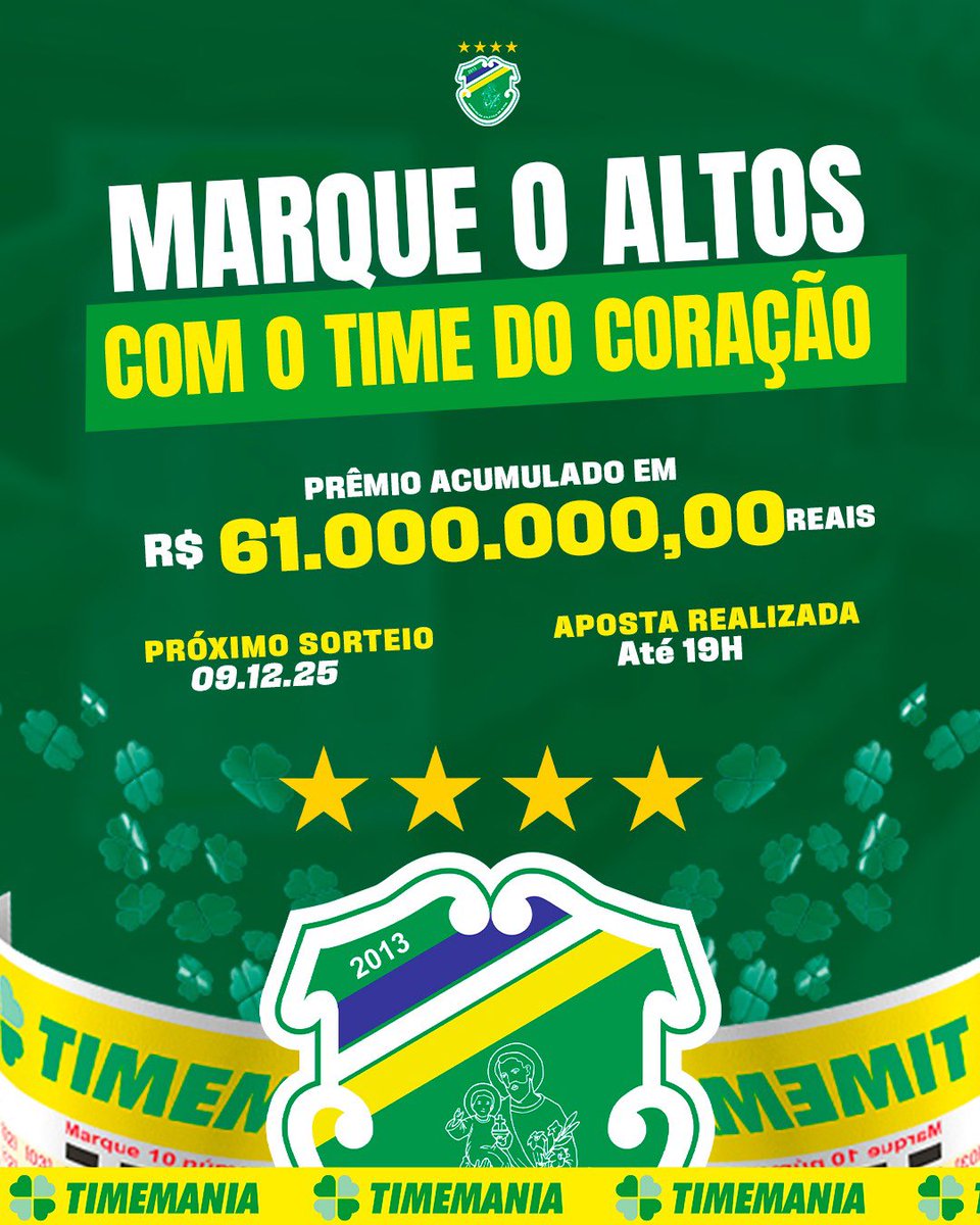61 MILHÕES DE REAIS! 💸 

O prêmio da Timemania acumulou e você pode levar para casa 61 milhões de reais. Faça sua aposta on-line ou em uma casa lotérica e marque o Altos como seu Time do Coração.
