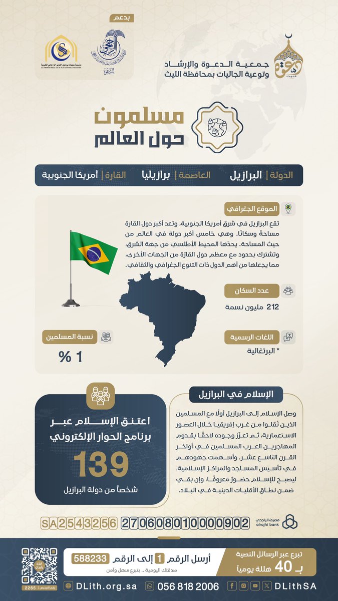 #مسلمون_حول_العالم 🌍
بفضل الله وكرمه، أسلم 139 شخصًا من البرازيل 🇧🇷 منذ انطلاق برنامج #الحوار_الإلكتروني، في رحلة نور بدأت بكلمة فاستقرت في القلوب.
اللهم ثبّتهم على الحق، واملأ دروبهم هدايةً واستقامةً ونورًا.✨

كن شريكًا في الأجر، وساهم في دعوتهم وتعليمهم… فمساهمتك قد تُغيّر