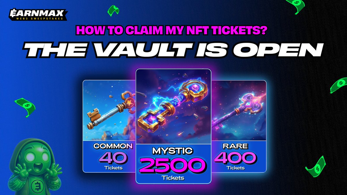EARNMrewards's tweet image. 🔓 THE EARNVERSE NFT VAULT IS NOW OPEN

Vault of Fortune NFT Key holders can officially claim their EARNMax draw tickets on the EARNMax dashboard 🎟️ 🔥

Have questions on how to claim? Let's break it down ⬇️