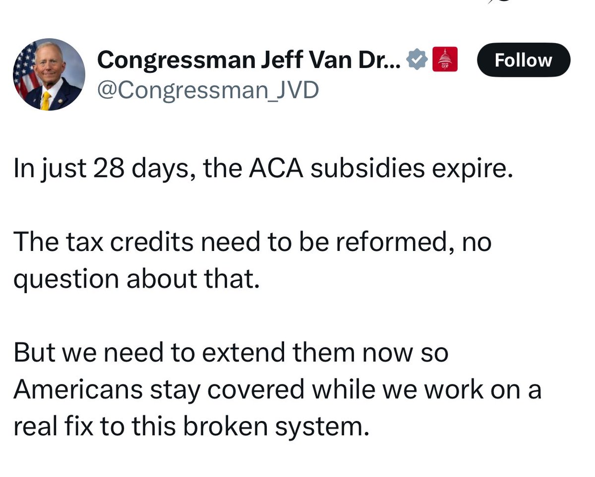 Rally_Virginia's tweet image. This is the correct and sensible approach for the moment. 
Republicans are already in trouble for 2026. The two options are: 

1. Extend the subsidies, hopefully keep Congress &amp;amp; work out a better long-term solution. 

2. Don’t extend the subsidies, lose Congress in a landslide,…