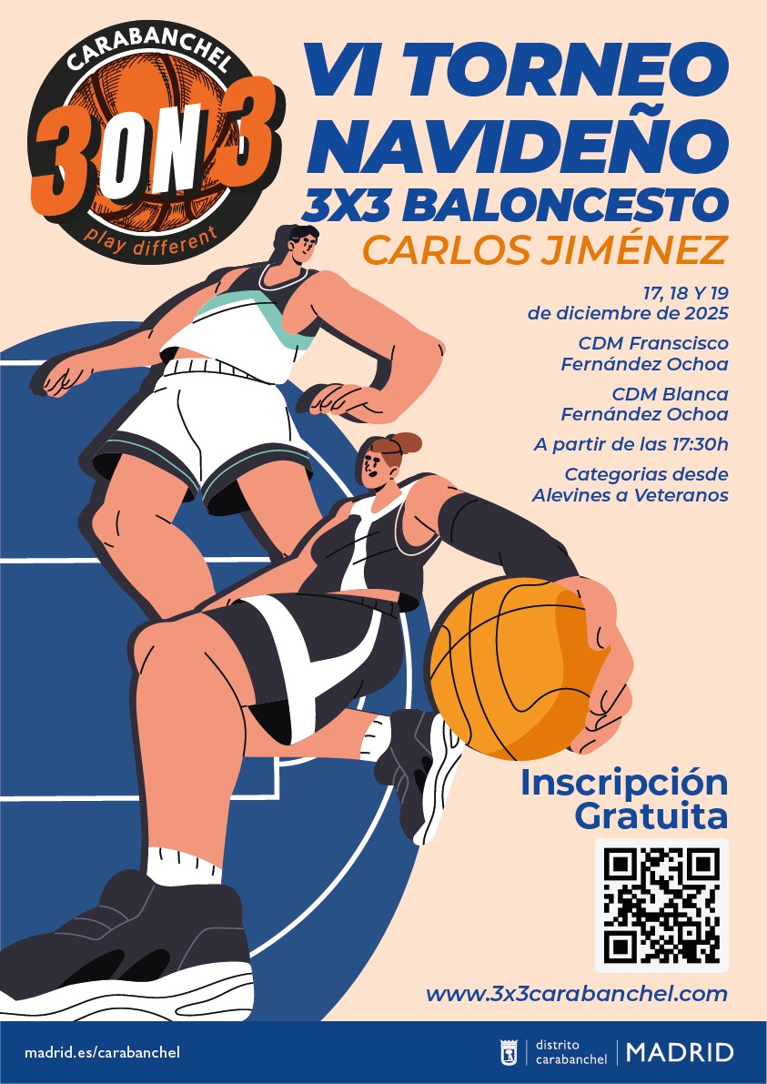 🏀🔥 ¡Llega la VI Edición del 3×3 Carlos Jiménez!

📅 17-18-19 de diciembre
📍 CDM Blanca Fdez Ochoa (17) y CDM Francisco Fdez Ochoa (18-19)

👥 Categorías: de Alevín (2014-16) a Veteranos/as (1985 o antes).
✅ Gratuito.

👉 Más info e inscripciones en distrito.madrid/3x3carabanchel/