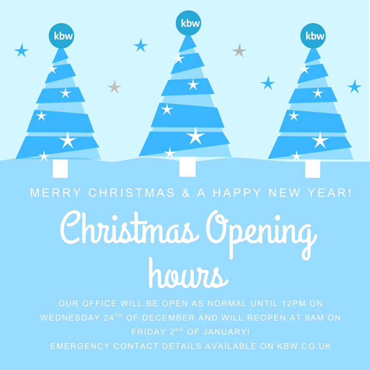 🎄Merry Xmas &amp; Happy New Year from KBW!🎄

We’d like to thank all our clients and partners for all the support throughout the year.💙

🎅Please see post for Christmas Opening Hours!

Any emergency's during the holidays, please visit kbw.co.uk for contact details.