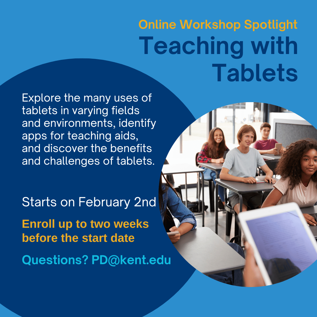 KentStatePDO's tweet image. #OnlineWorkshop: Teaching with #Tablets

Spring 2026: February 2 - 22
2 credit hours, grad or undergrad
Instructor: Dr. Julee Henry

Questions? PD@kent.edu

Looking for other workshops? kent.edu/CreditWorkshops

#KentStatePDO #ProfessionalDevelopment #K12Educators #Educators