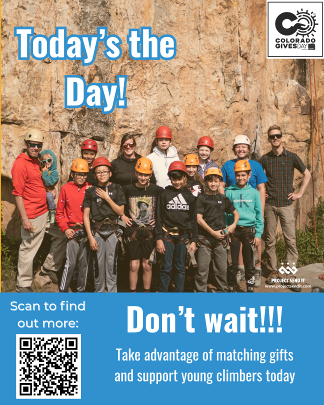 Project_sendit's tweet photo. 🚨 COLORADO GIVES DAY! 🚨
Thank you for supporting our young climbers 💙
Matching = THROUGH TUESDAY ONLY
Help us finish strong: https://t.co/m0sZm5G0nm
#ColoradoGives https://t.co/hd3Po6udhn