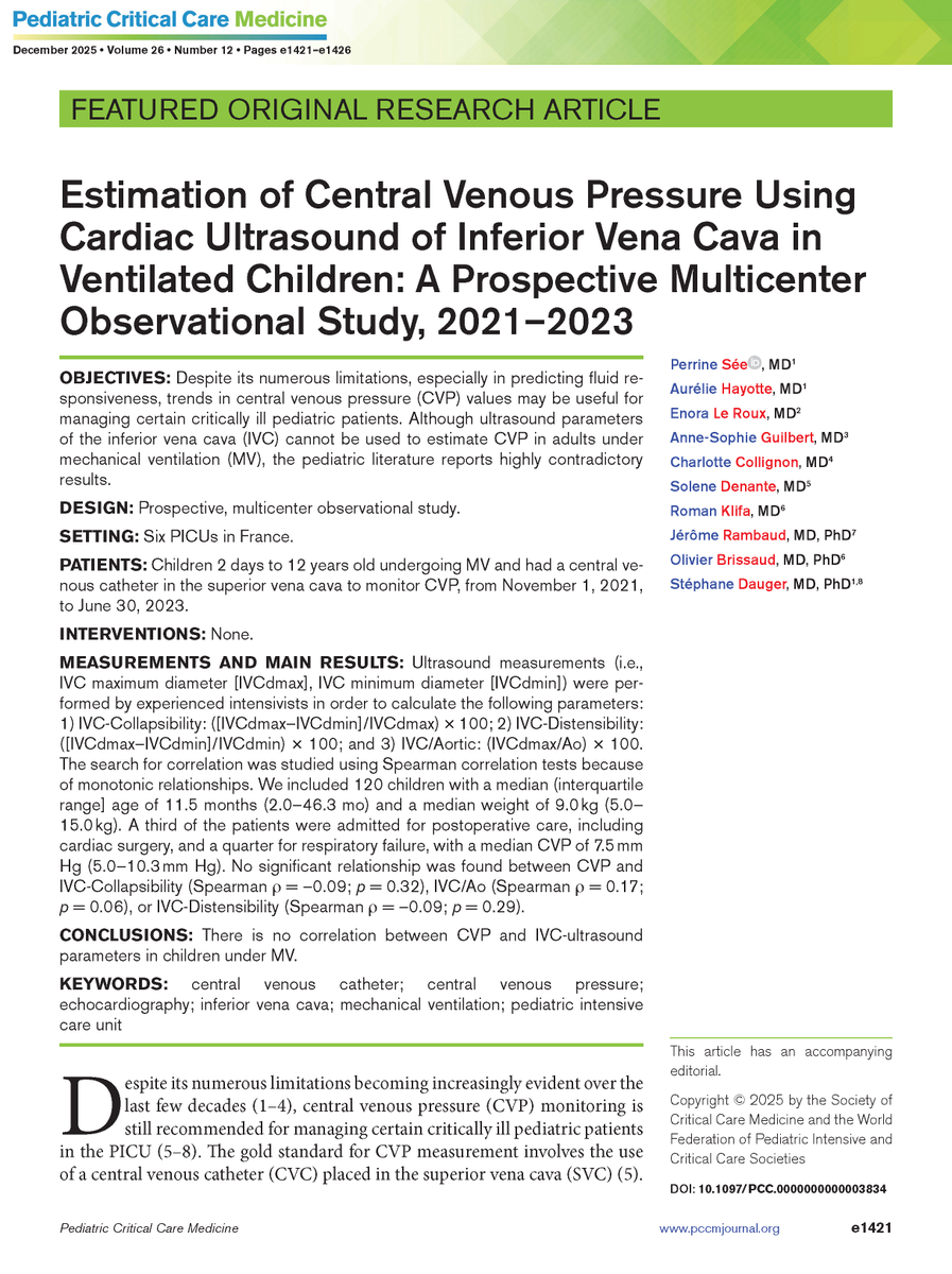 🔍 Research in PCCM finds no correlation between central venous pressure and ultrasound parameters of the inferior vena cava in children under mechanical ventilation.

➡️ Read more in the December issue: ow.ly/ZpT450XFIvF

#PedsICU #SCCM <a href="/SCCM/">SCCM</a>