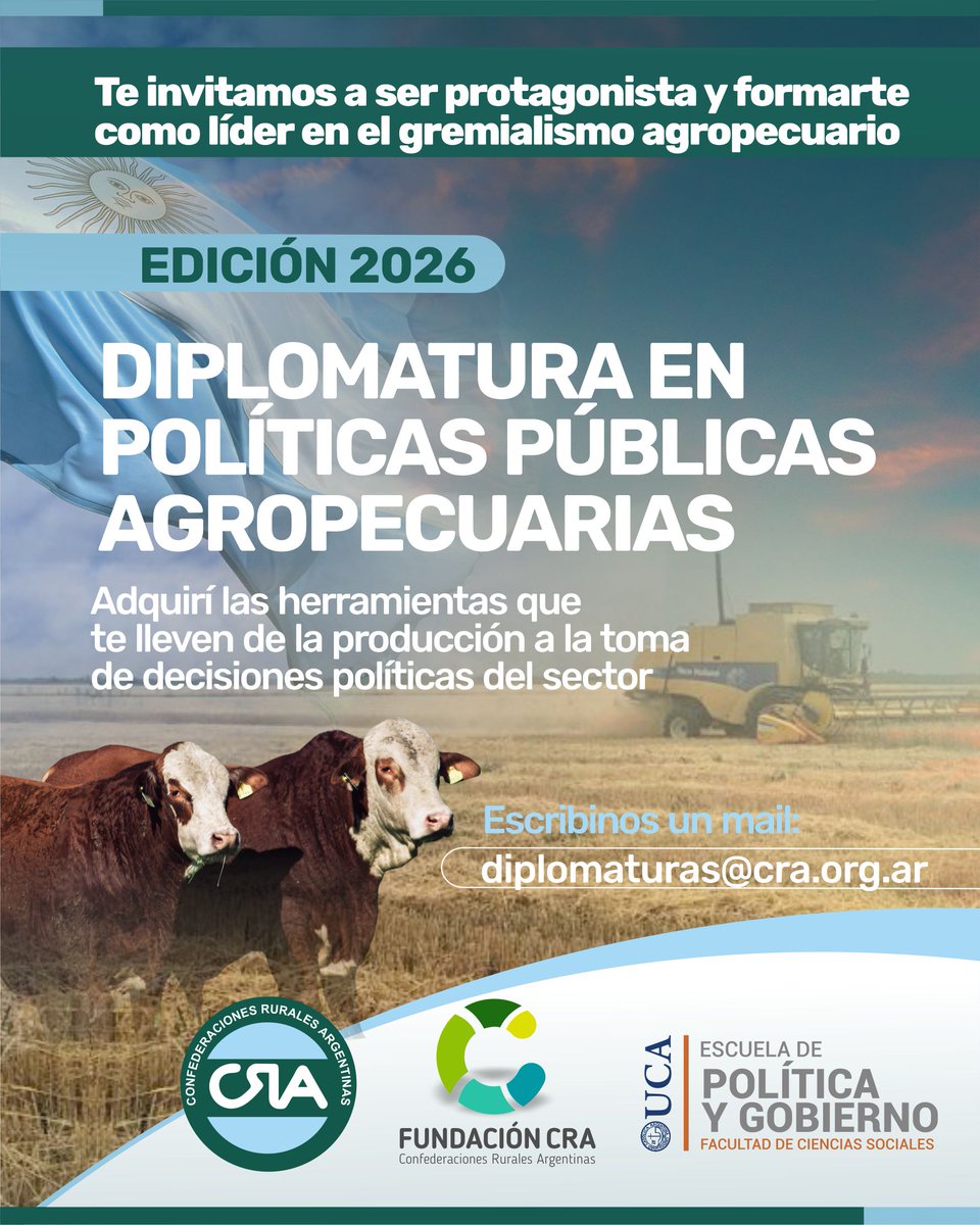 ‼️ CRA lanza la tercera edición de la Diplomatura en Políticas Públicas Agropecuarias junto a Fundación CRA y la UCA
La Diplomatura -que iniciará en abril de 2026 y se extenderá durante cinco meses- busca brindar herramientas para comprender, analizar y participar activamente en