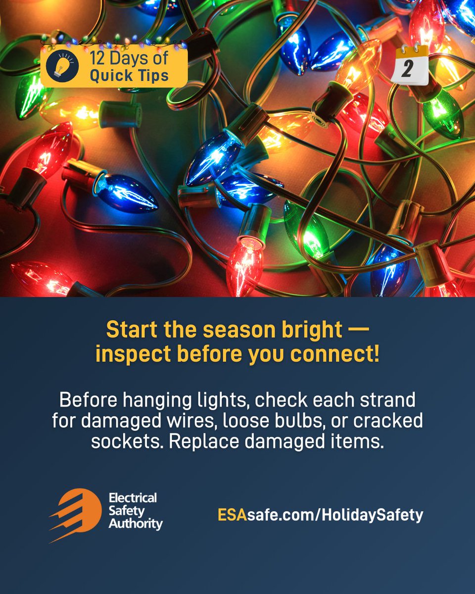 ✨ESA’s 12 Days of Quick Tips: Easy tips to help make your 🎄 holidays merry and safe.✨
📅Day 2: Start the season bright - inspect before you connect!
➡️Remember to share with friends. A safer holiday starts with awareness! 
Can't wait for each one? See all our holiday safety