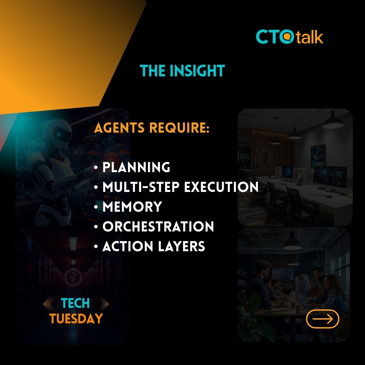 thectotalk's tweet photo. Why Agent-First Platforms Matter in 2026?

Prompts cannot scale.

Real workloads need planning, memory, orchestration and action layers.

Is your platform agent-native?

#CTOtalk #TuesdayTech #EnterpriseAI #TechLeadership https://t.co/Ft57WPukrn