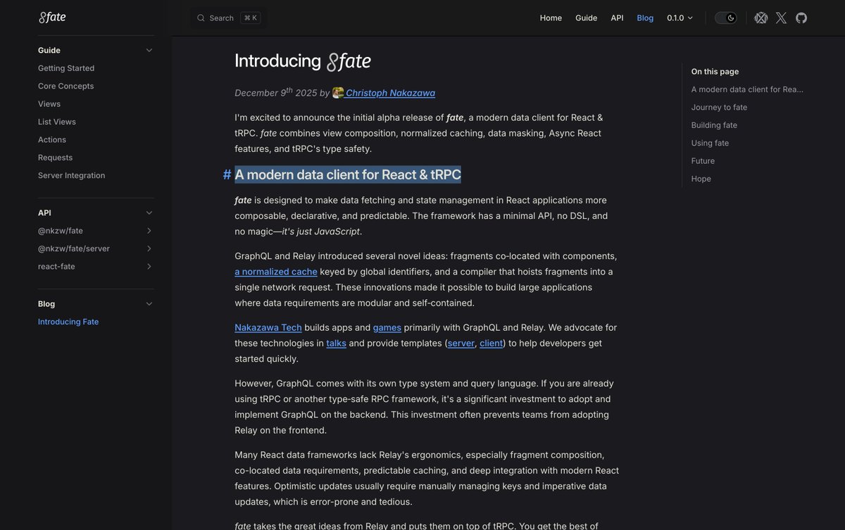 RT @cnakazawa: ReactとtRPCのモダンなデータクライアントfateをリリースできて嬉しいです

リリースブログ投稿をご覧ください⤵