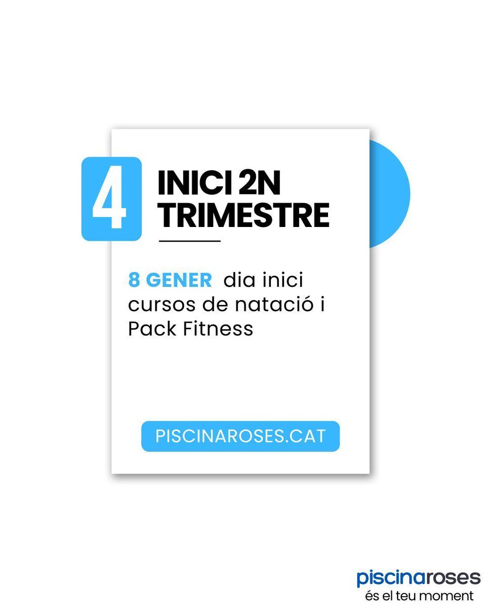 📣 Tanca el 1r trimestre a la PMR
Anota't la següent informació:

1️⃣ 20 12 → Últim dia cursos de natació i PF
2️⃣ 22 12 - 07 01 → Període sense cursos ni PF (hi ha Spin Virtual)
3️⃣ 9 12 →  Reserves pel 2T
4️⃣ Baixes cursos  → abans del 22 12 a recepció
5️⃣ 8 01 → Arrenca 2T