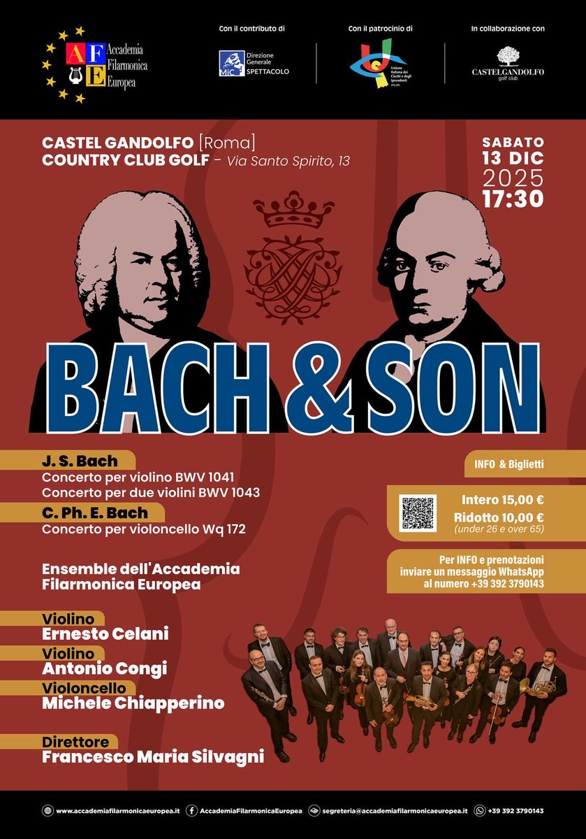 Castelgolf's tweet image. 🎶 Sabato 13 Dicembre 2025, siamo lieti di invitarvi al concerto dell’Ensemble dell’Accademia Filarmonica Europea!

👏 A partire dalle 17,30, si esibirà in un concerto straordinario dedicato alle opere del grande Johann Sebastian Bach! 🎵

#bach #musicaclassica #cultura