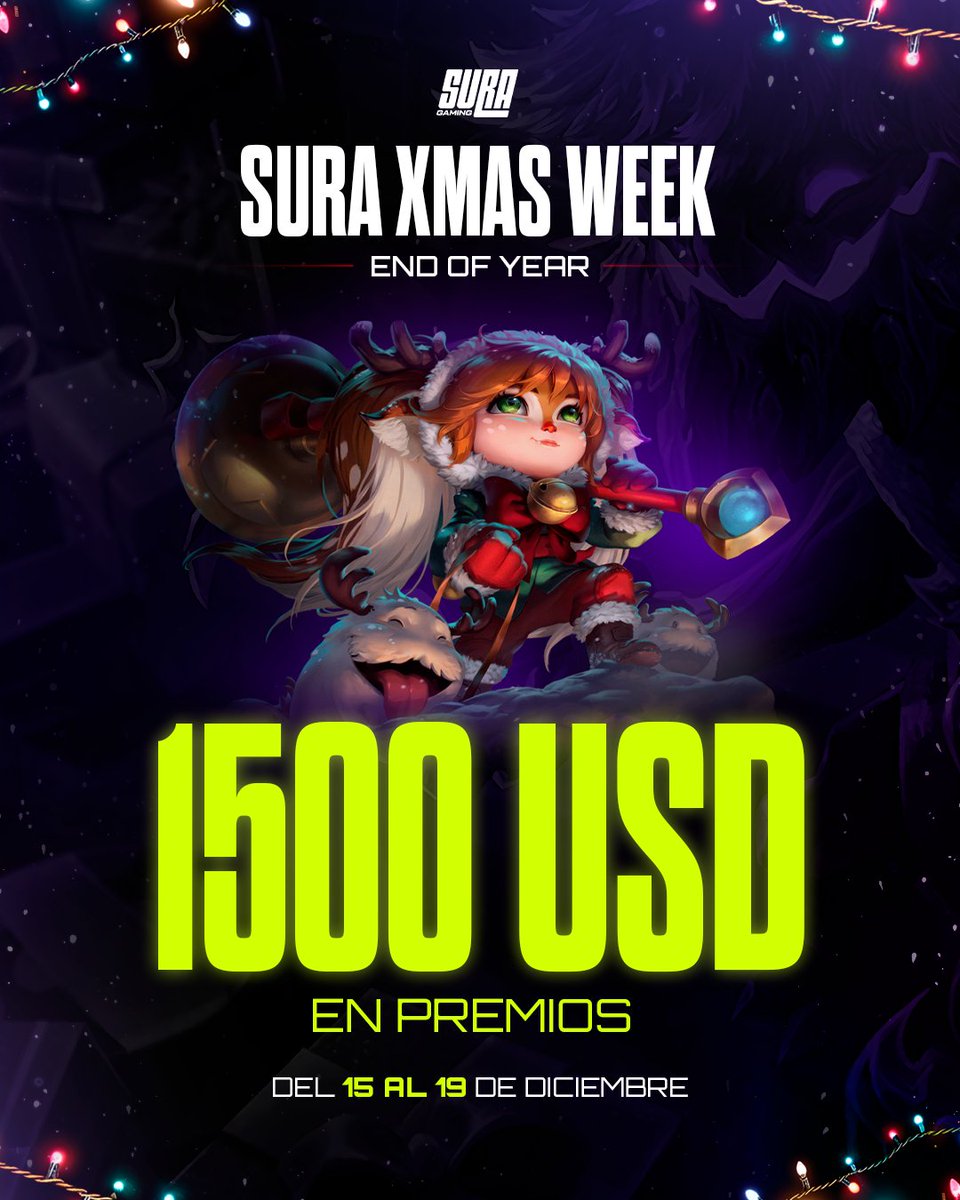 suragamingteam's tweet photo. 𝙎𝙐𝙍𝘼 𝙓𝙈𝘼𝙎 𝙒𝙀𝙀𝙆 - Santa se viste de verde y trae regalos a la comunidad de Sura! 💚

🗓 Del 15 al 19 de diciembre competí por 1500 dólares en premios!

5 días, múltiples ganadores y 1 campeón final por 500 USD.

📲 Cómo participar:
• Descargá la Sura App y registrate en Sura Gaming.
• Reclamá tus medallas los 5 días
• Sumá puntos en las actividades
• Escalá en el leaderbord semanal
• Ganá premios increíbles! 

Los jugadores que hayan participado los 5 días y hayan completado todas las actividades participan por un sorteo de 500 dólares! 

Se sortea el 22/12 en nuestras redes sociales!

💚 Descargá la app & unite al Discord.
🎄La Navidad gamer se juega acá.
🎮El verdadero meta está acá.