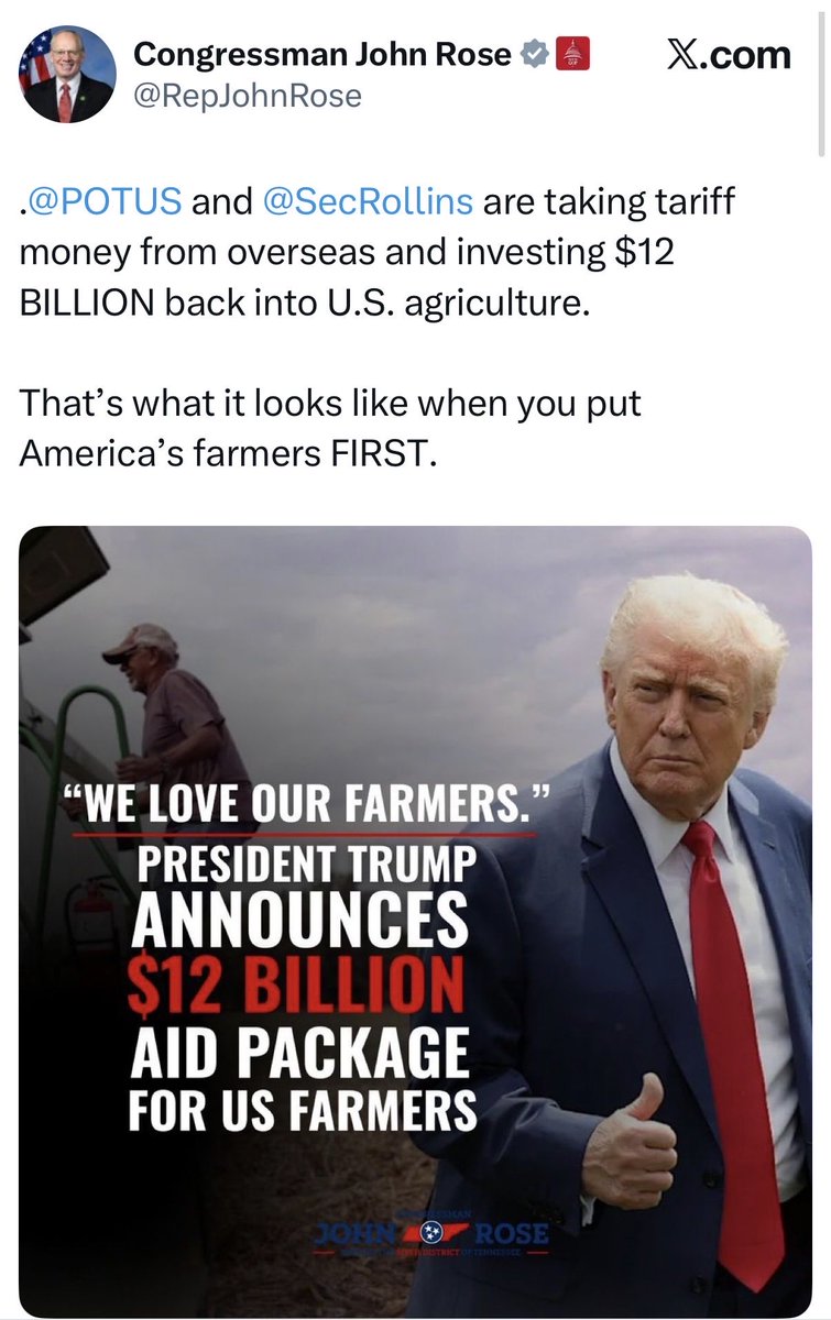 JamesSurowiecki's tweet photo. We're giving farmers a $12 billion handout to make up for sales they lost because of Trump's trade war.

Republicans: What a great investment! https://t.co/UgFq2cJ2NA