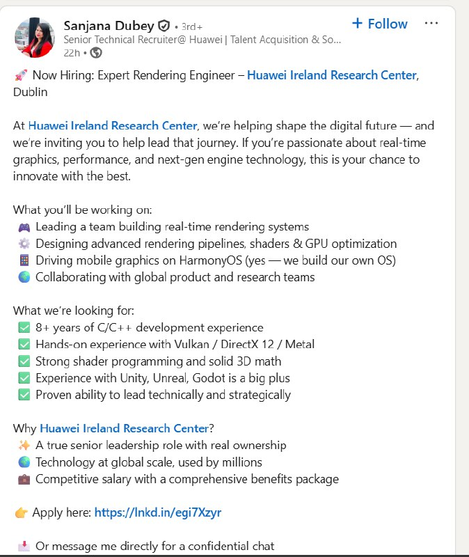 LivingInHarmony's tweet photo. Now Hiring: Expert Rendering Engineer – Huawei Ireland Research Center, Dublin At Huawei Ireland Research Center, ..... 📷 Driving mobile graphics on HarmonyOS (yes — we build our own OS)
#Huawei #JobsPost #HarmonyOS #Global #RandD https://t.co/y21yL6WULB