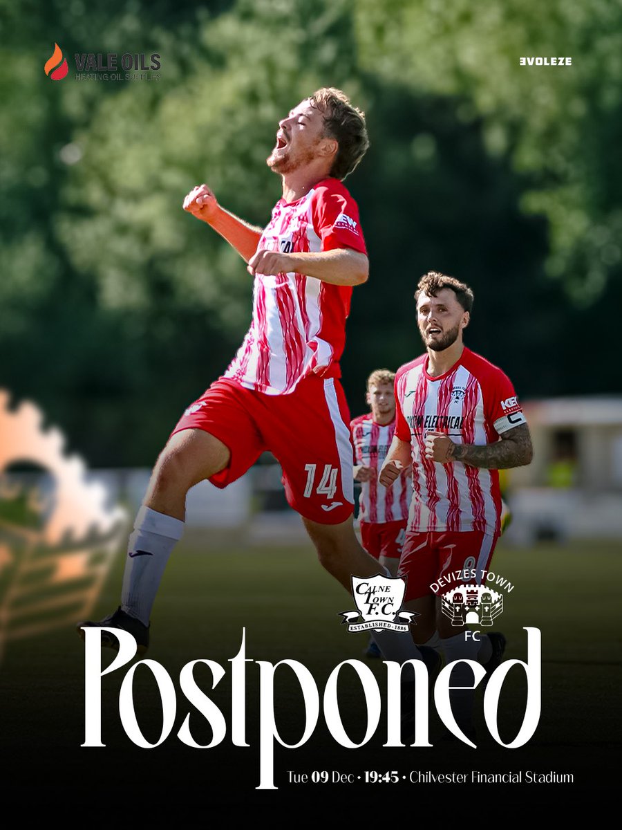 DevizesTownFC's tweet image. GAME OFF

Tonight’s Senior Cup fixture away at Calne Town is OFF due to a waterlogged pitch.

The game has been re-scheduled for next Tuesday 16th December.

We will hopefully see some football back at The Grist Environmental Ground this Saturday as we host Shirehampton.

🔴⚪️