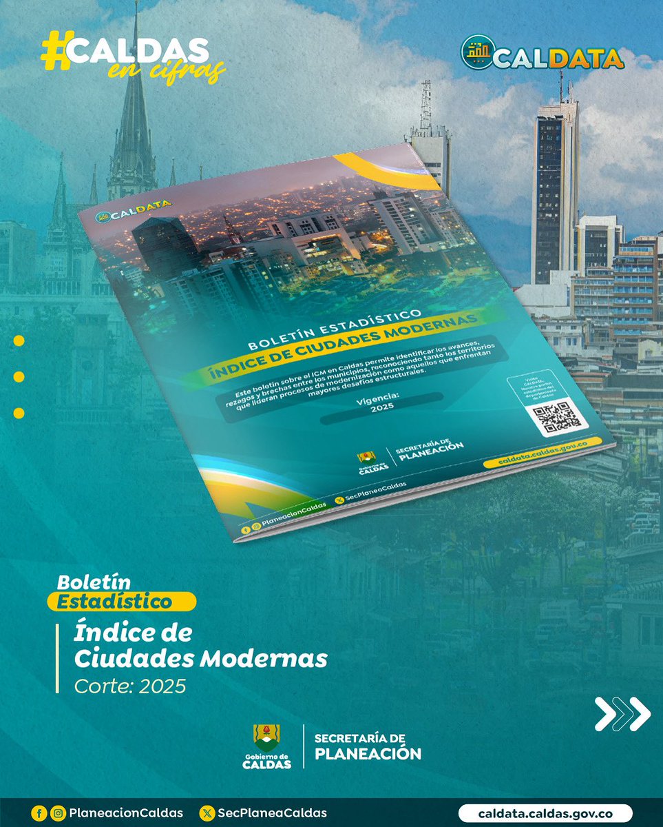 #CaldasEnCifras
Ya está disponible el Boletín Estadístico del Índice de Ciudades Modernas, un instrumento clave para entender el avance de nuestros municipios en materia de competitividad, infraestructura y desarrollo urbano.

🔍 Consúltalo en: caldata.caldas.gov.co