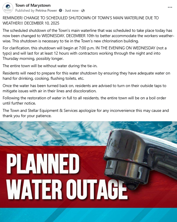 REMINDER! CHANGE TO SCHEDULED SHUTDOWN OF TOWN'S MAIN WATERLINE DUE TO WEATHER!!! DECEMBER 10, 2025