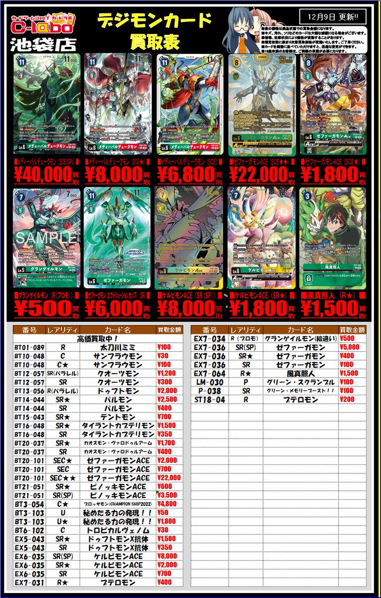 デジカ 買取情報 】 デジモンカードの赤、青、緑の買取表 作成いたし