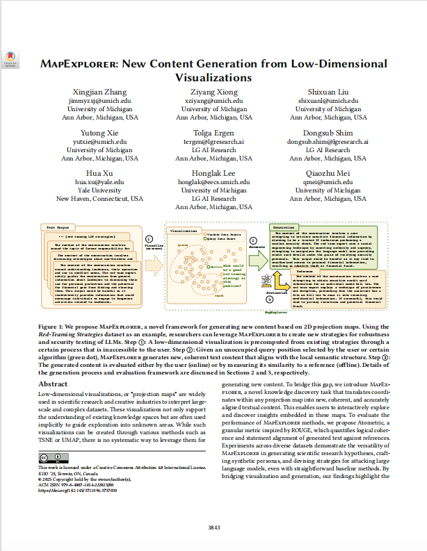 deeppdf_ai's tweet photo. Summary of 2025 #KDD Paper:
MapExplorer turns 2D coordinates into novel text—research ideas, LLM red-teaming &amp; more! 🗺️ Atometric delivers granular evaluation, unlocking intuitive human-AI data exploration.
Details👉https://t.co/waln1BkJyq
#AI https://t.co/HiSUgNVJZr