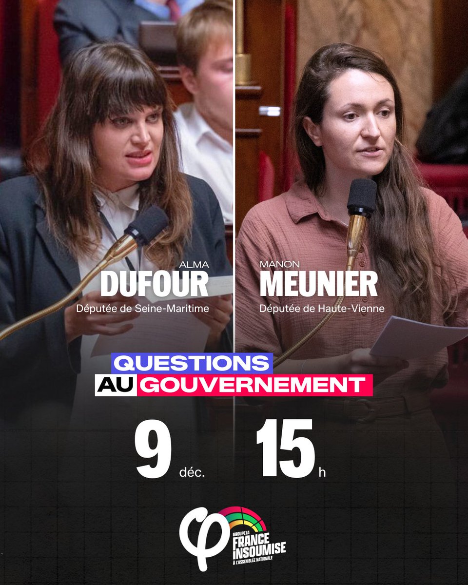 FiAssemblee's tweet image. 🔴⚡️ Rendez-vous à partir de 15h pour suivre les Questions Au Gouvernement avec @alma_dufour et @ManonMeunier_UP ! 🔥