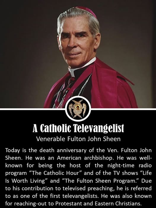 Venerable Fulton John Sheen (1895–1979) was an American bishop, theologian, and one of the most influential religious communicators of the twentieth century. Born Peter John Sheen on May 8, 1895, in El Paso, Illinois, he took the name Fulton after his mother’s maiden name when he