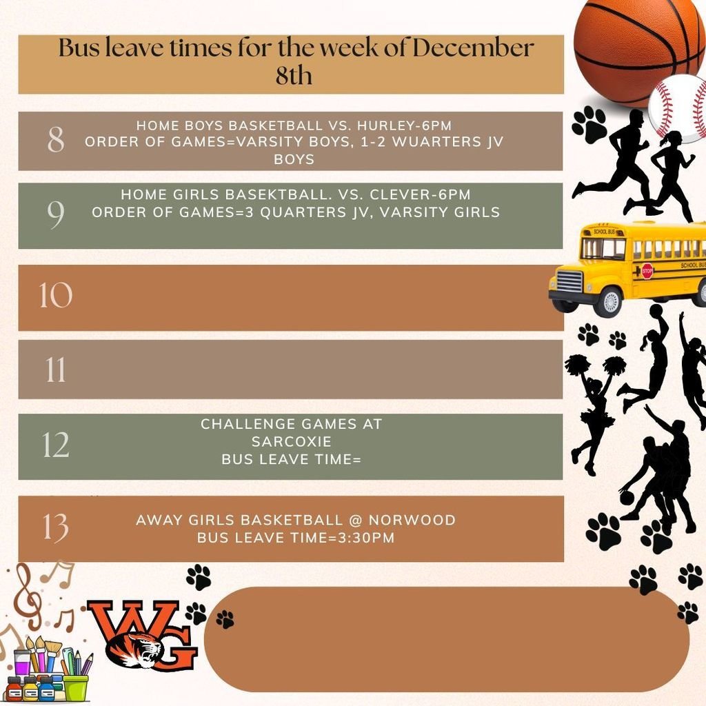 Bus leave times for the week of December 8th.