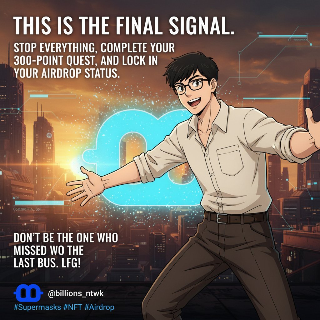 stfu0911's tweet photo. This is the final signal. Stop everything, complete your 300-point quest, and lock in your airdrop status. Don’t be the one who missed the last bus. LFG! @billions_ntwk #Supermasks #NFT #Airdrop https://t.co/JkNeF0hIp5