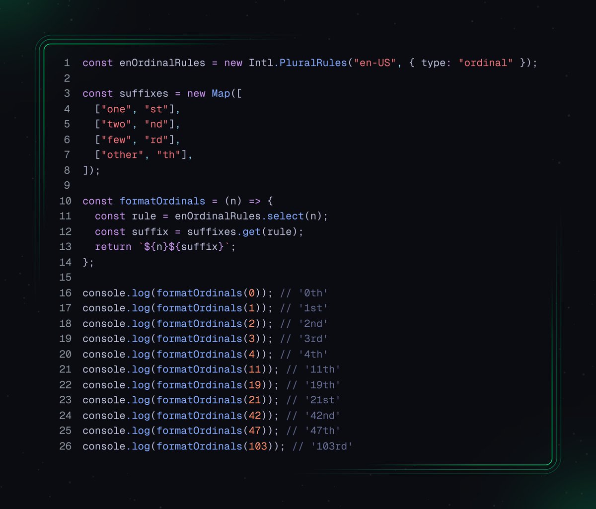KaraBharat's tweet image. ⚡️ Clean and local aware ordinal number formatting with Intl.PluralRules

#JavaScript